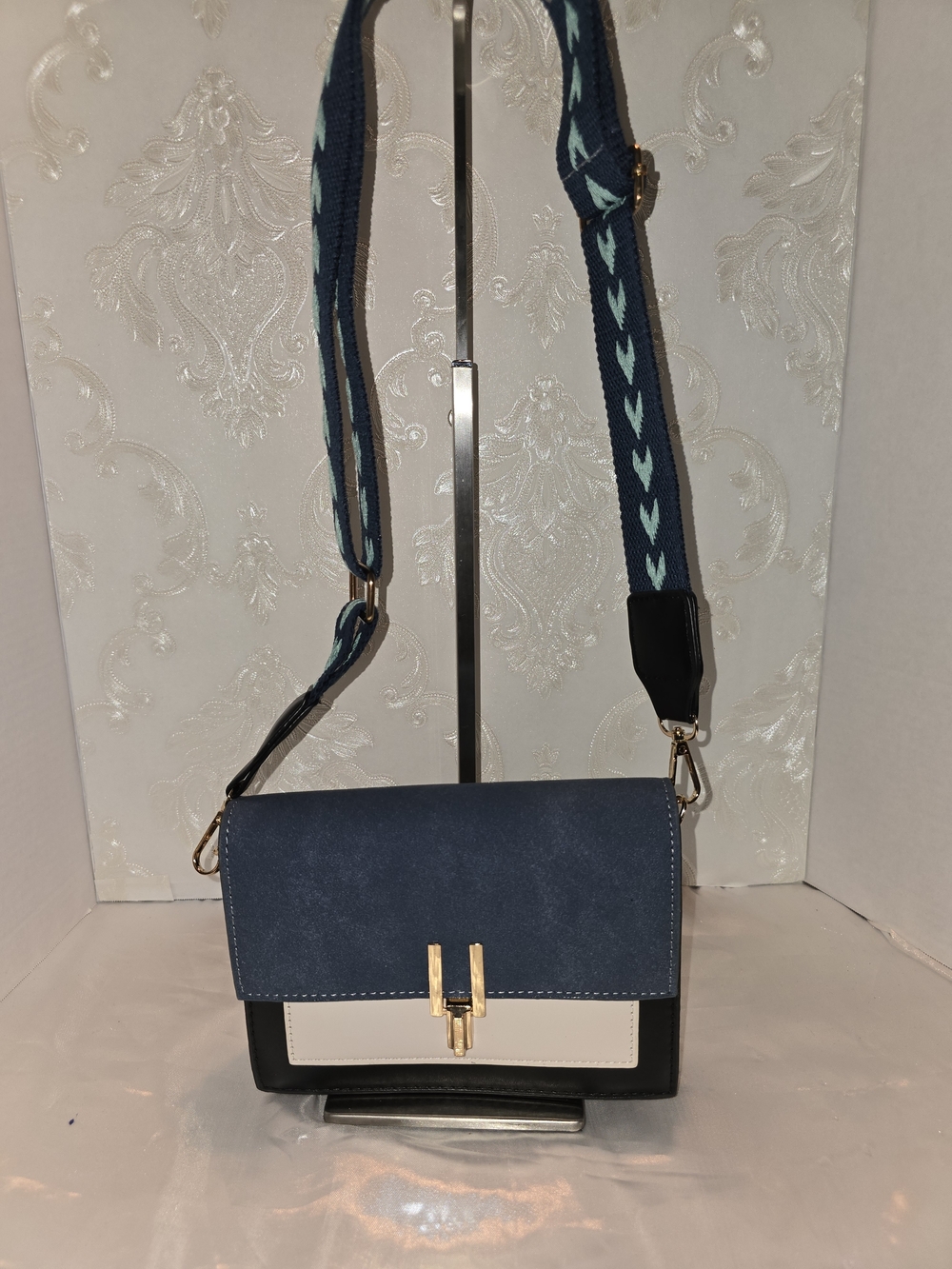 Blue Contrast Crossbody Bag with Gold Hardware
